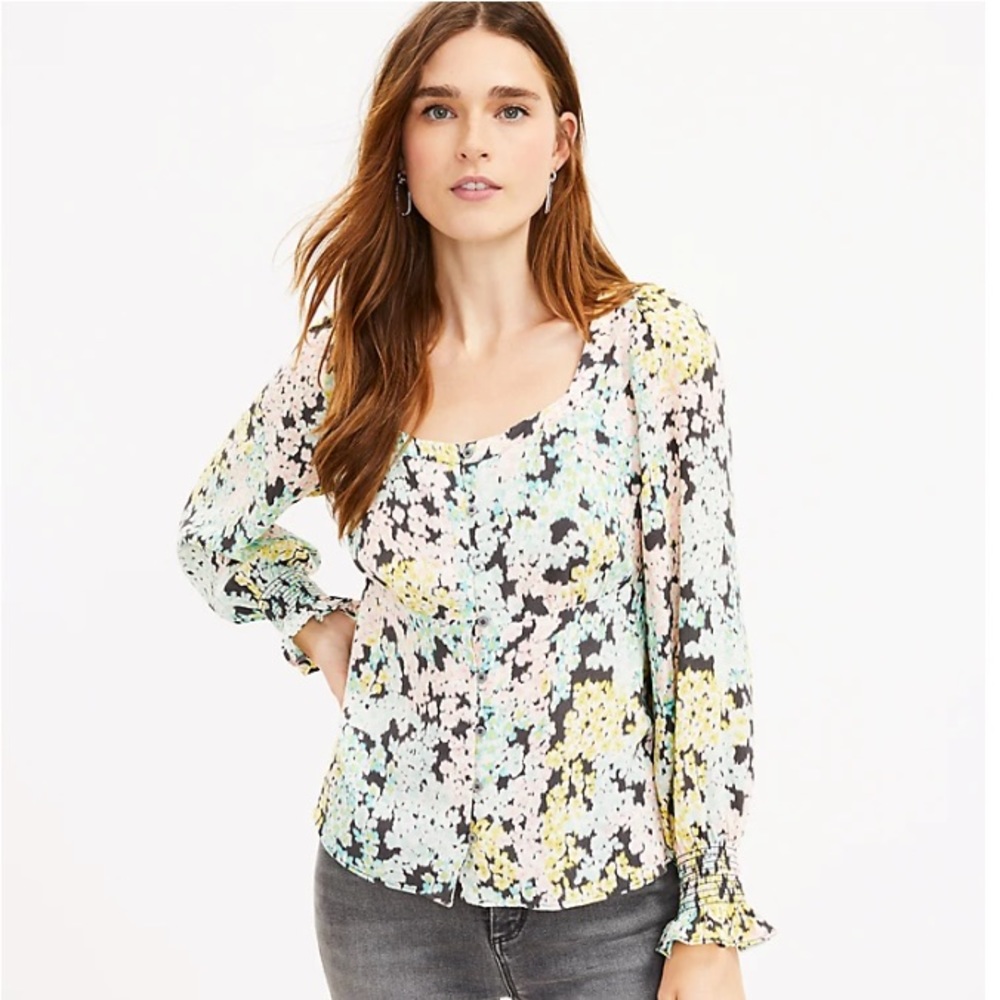 Loft Garden Smocked Cuff Square Neck blouse coastal grey floral long sleeve M